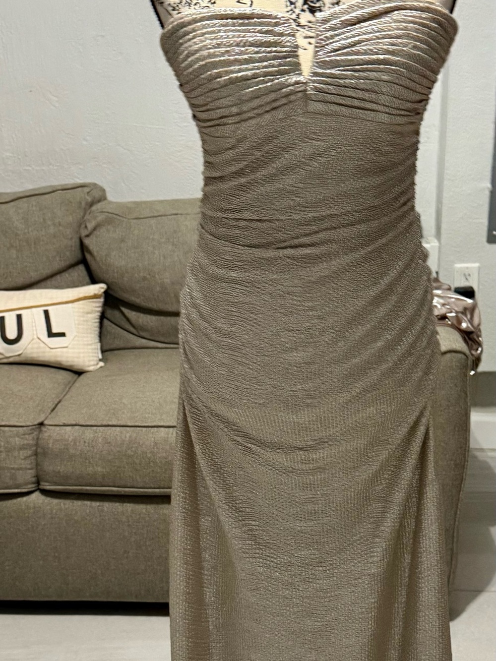 Adrianna Papell Strapless Ruched Metallic Taupe Gown